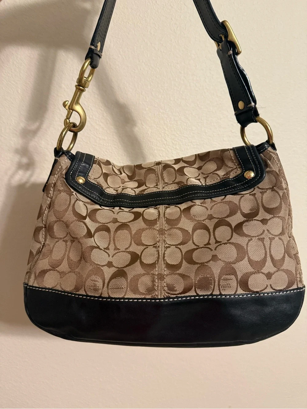 Coach Tan Signature Canvas Shoulder Bag with Black Trim